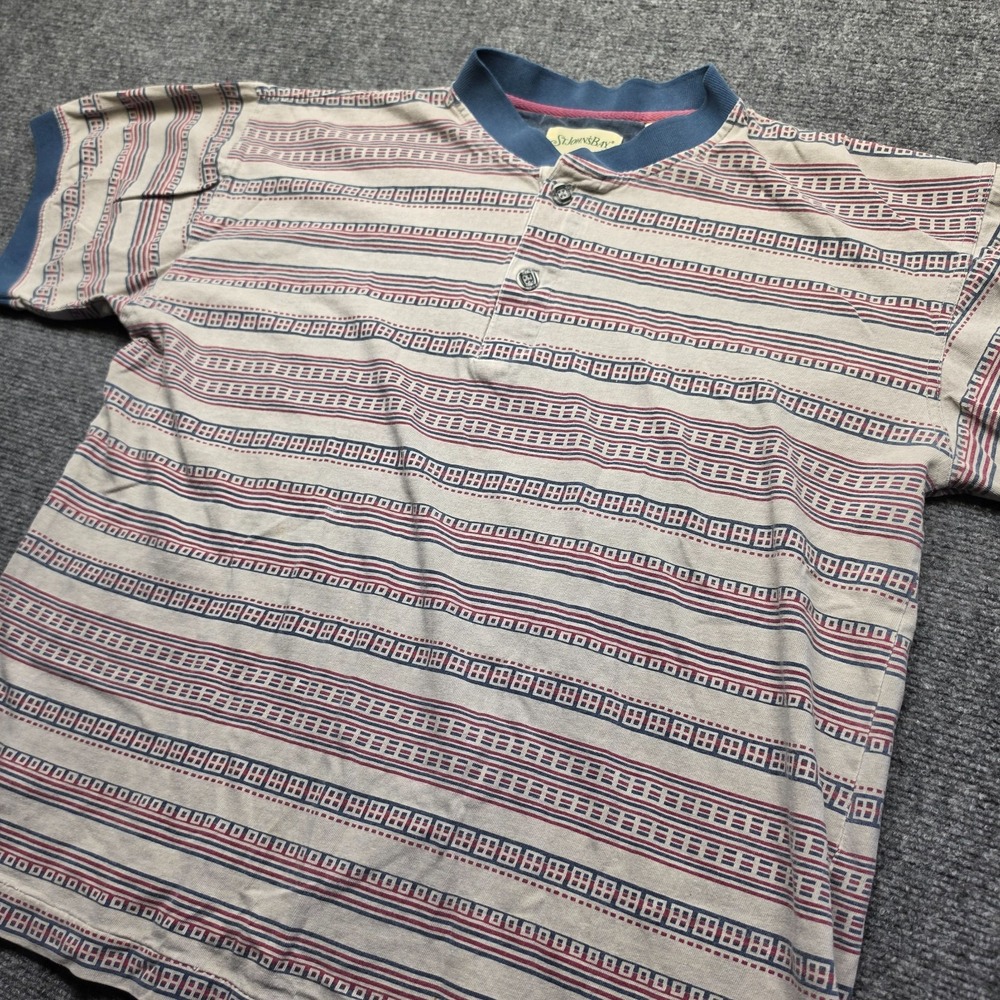 Vintage 90s St Johns Bay Henley Shirt Mens Large Made in USA Stripe Aztec Blue